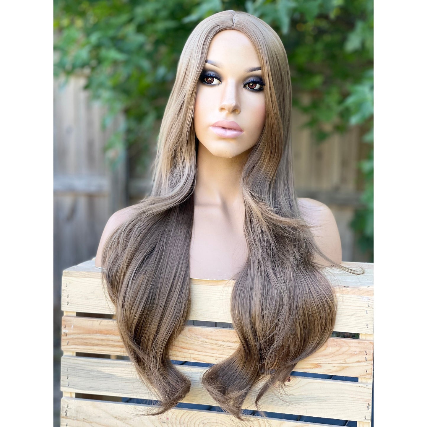 22” ash brown wig, wavy light brown human hair blend wig