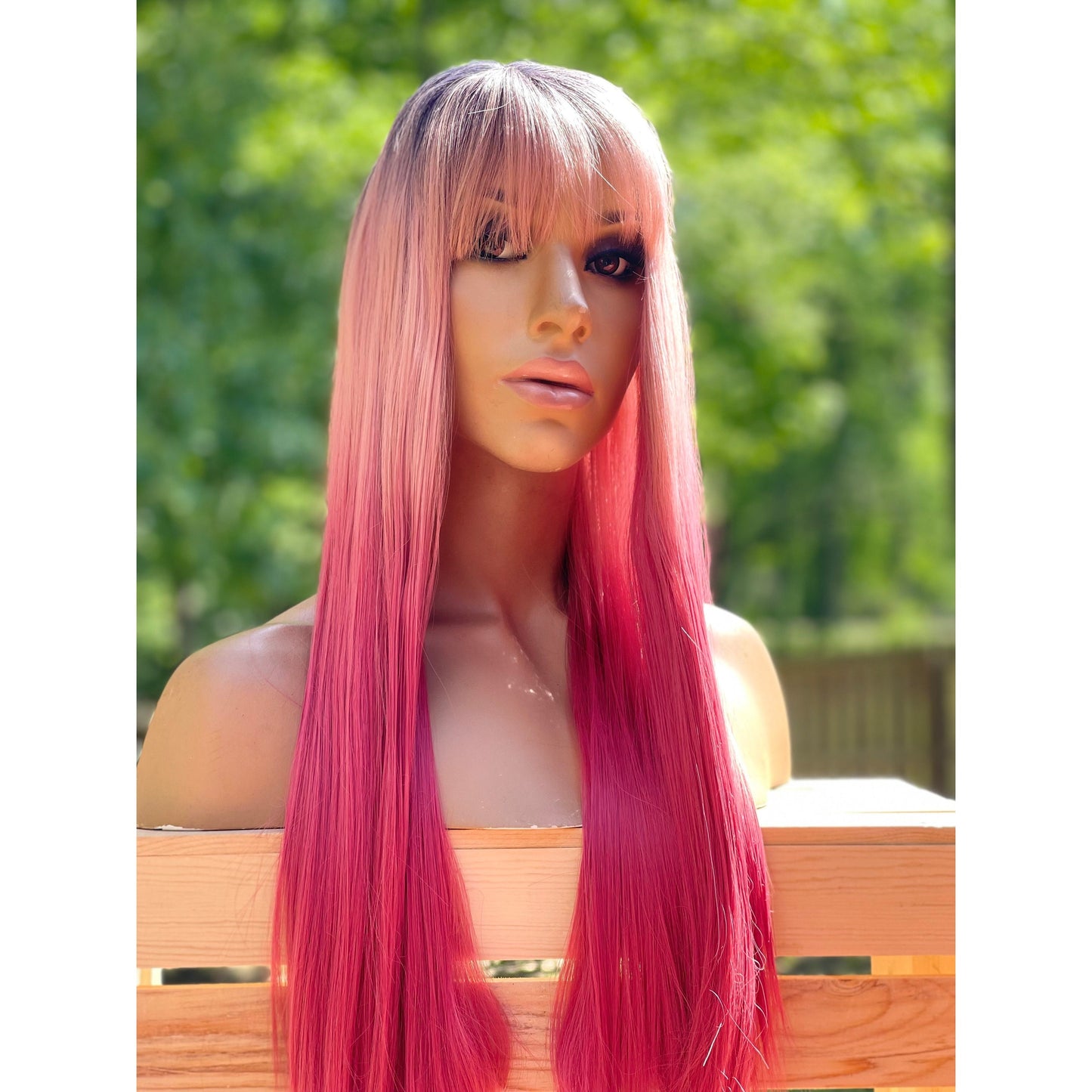 24” pink ombre dark root balayage full cap long straight human hair blend wig