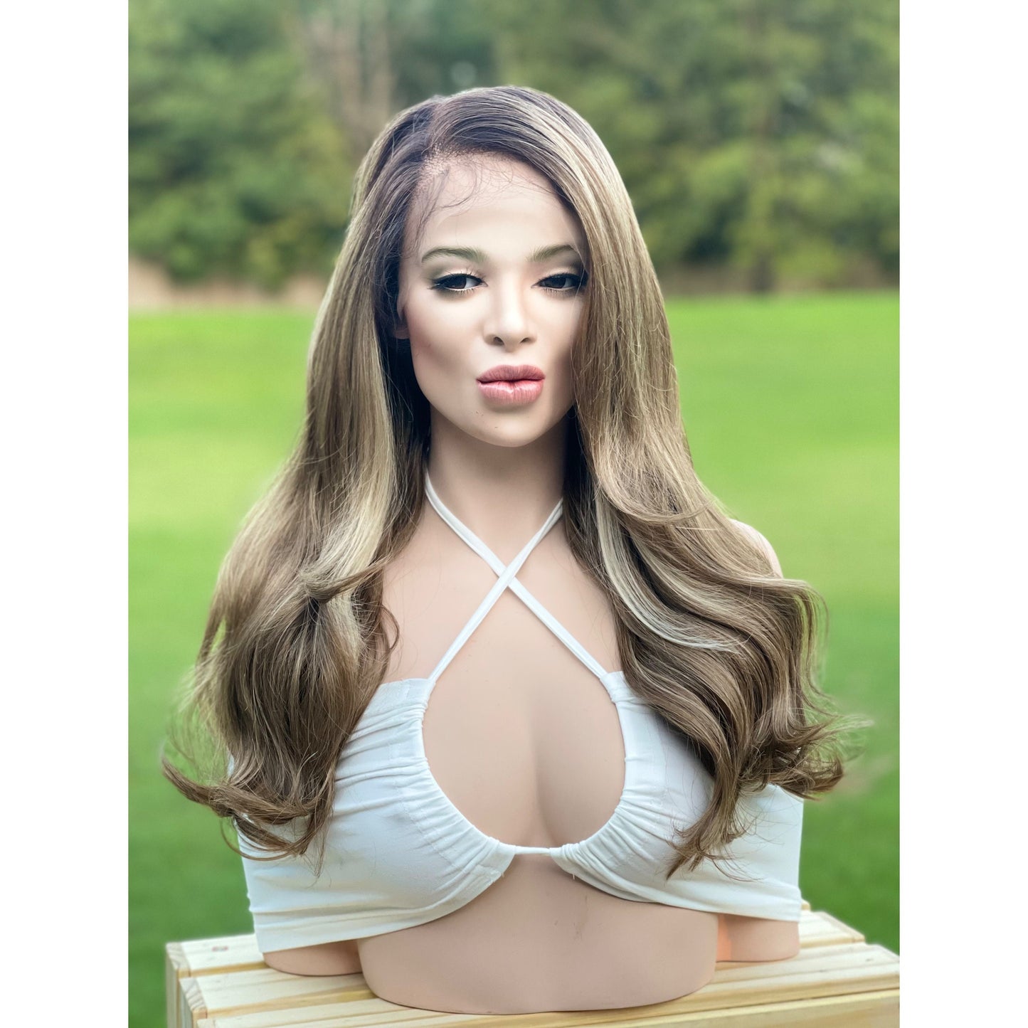 22” Dark Sandy Blonde Wig Wavy Long Brown Balayage Wig Human Hair Blend Lace Front Wig 13x6” Free Part Hand-tied HD Invisible Wig