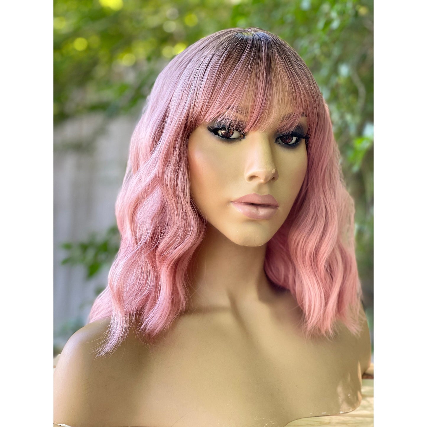 Short pink wavy wig with ombré fringe choppy bangs Human Hair Blend Wig