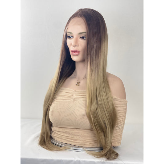 Blonde long straight hair balayage wig | ombré brown 24” wig | blonde Human Hair Blend Lace Front Wig | 13x3” Free Part HD Invisible Lace