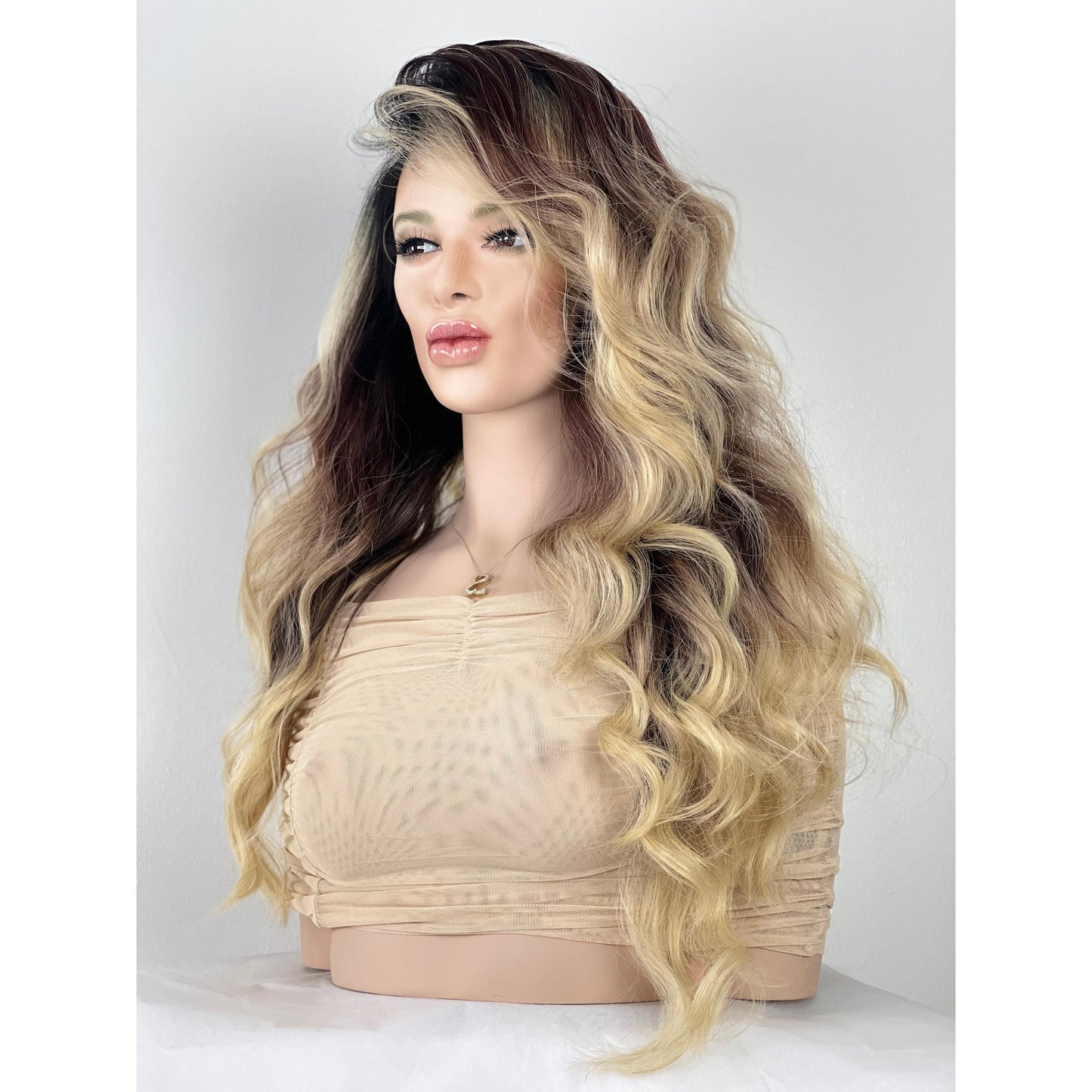 Blonde Brown Balayage Wavy Ombré Wig | Blonde Long Wig Human Hair Blend Lace Front Wig | 13x6” Free Parting Multi-Directional Layered Wig