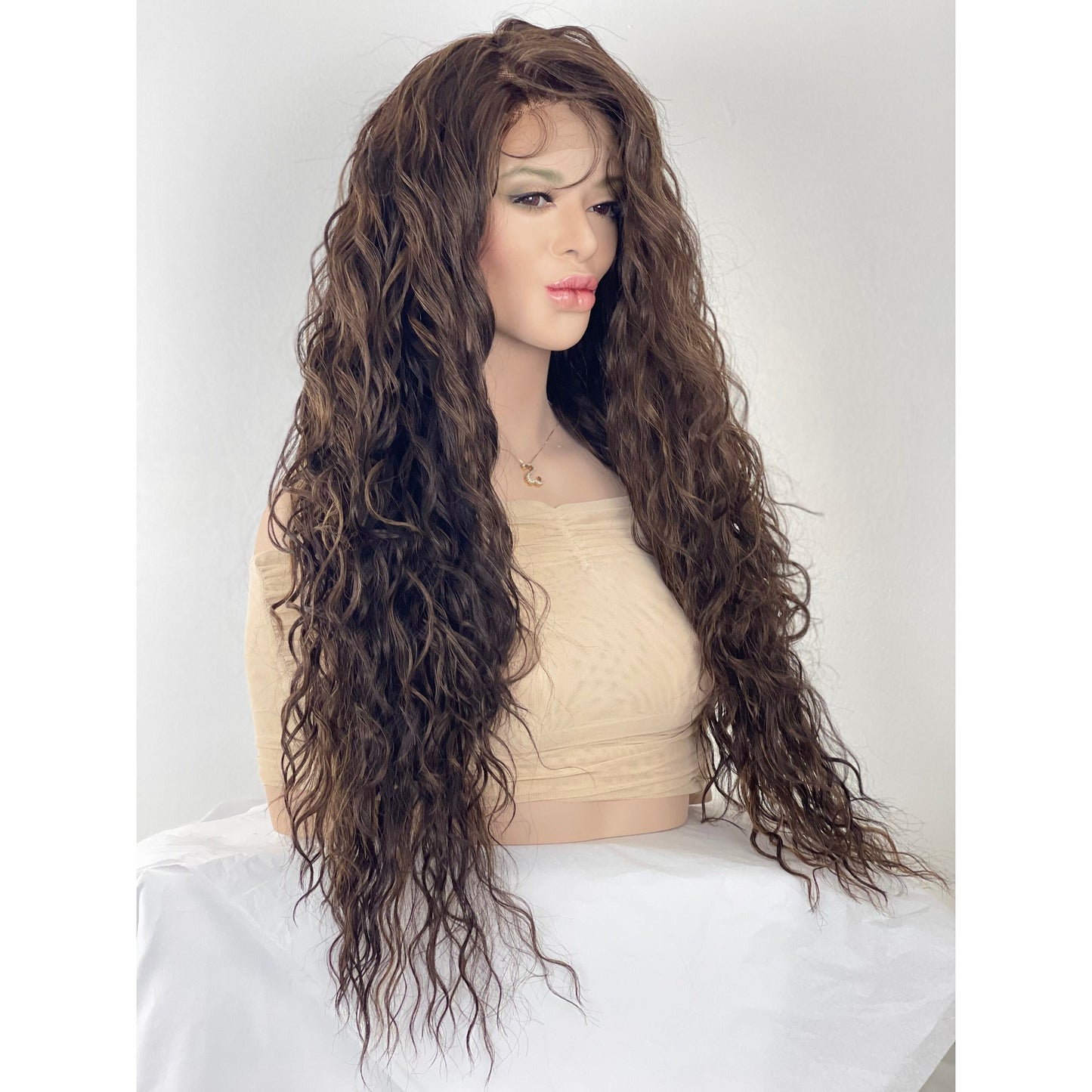 Brown Caramel Balayage Wavy 13x4 Preplucked Free Part Wig, Swiss Lace Front, Heat Resistant Human Hair Blend Wig