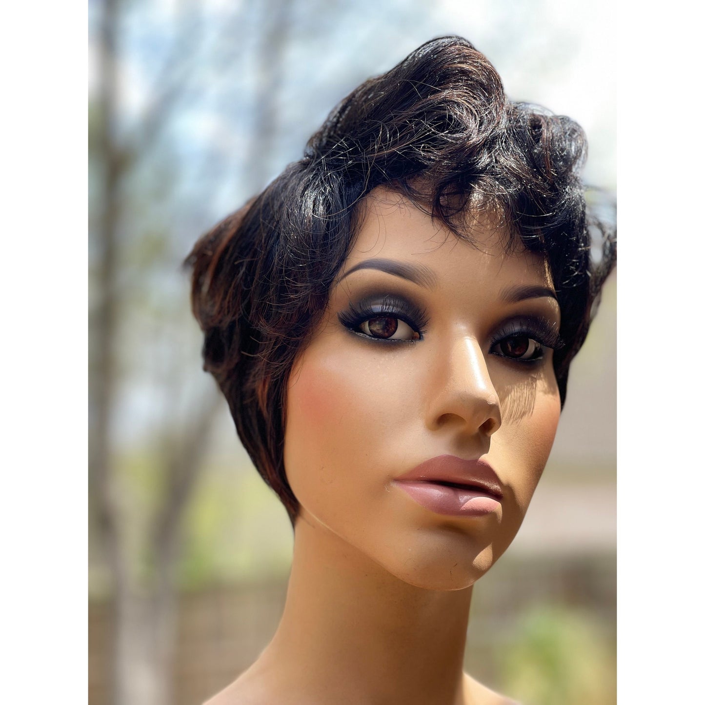Short Pixie Wig, black auburn highlights wig, short pixie cut, haircut 1b off black wig with bangs Human Hair Blend Wig