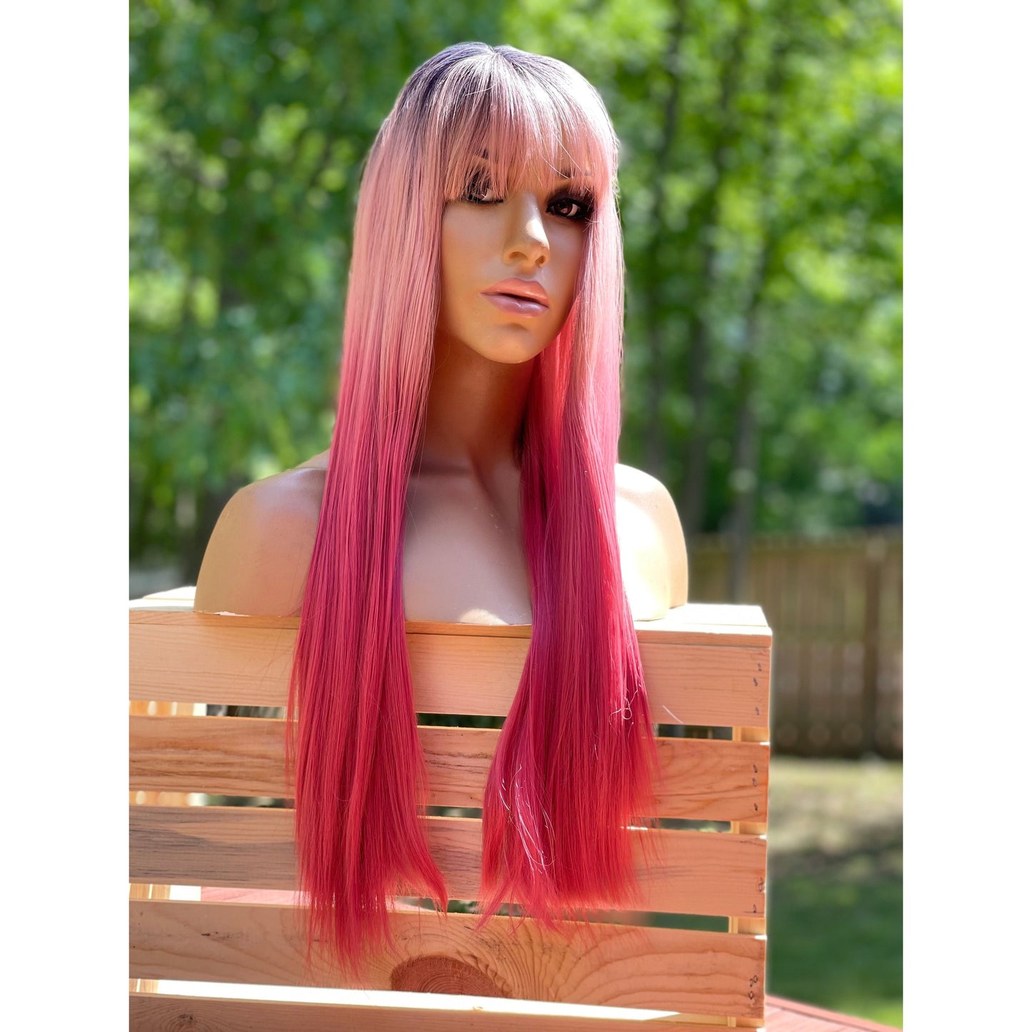24” pink ombre dark root balayage full cap long straight human hair blend wig