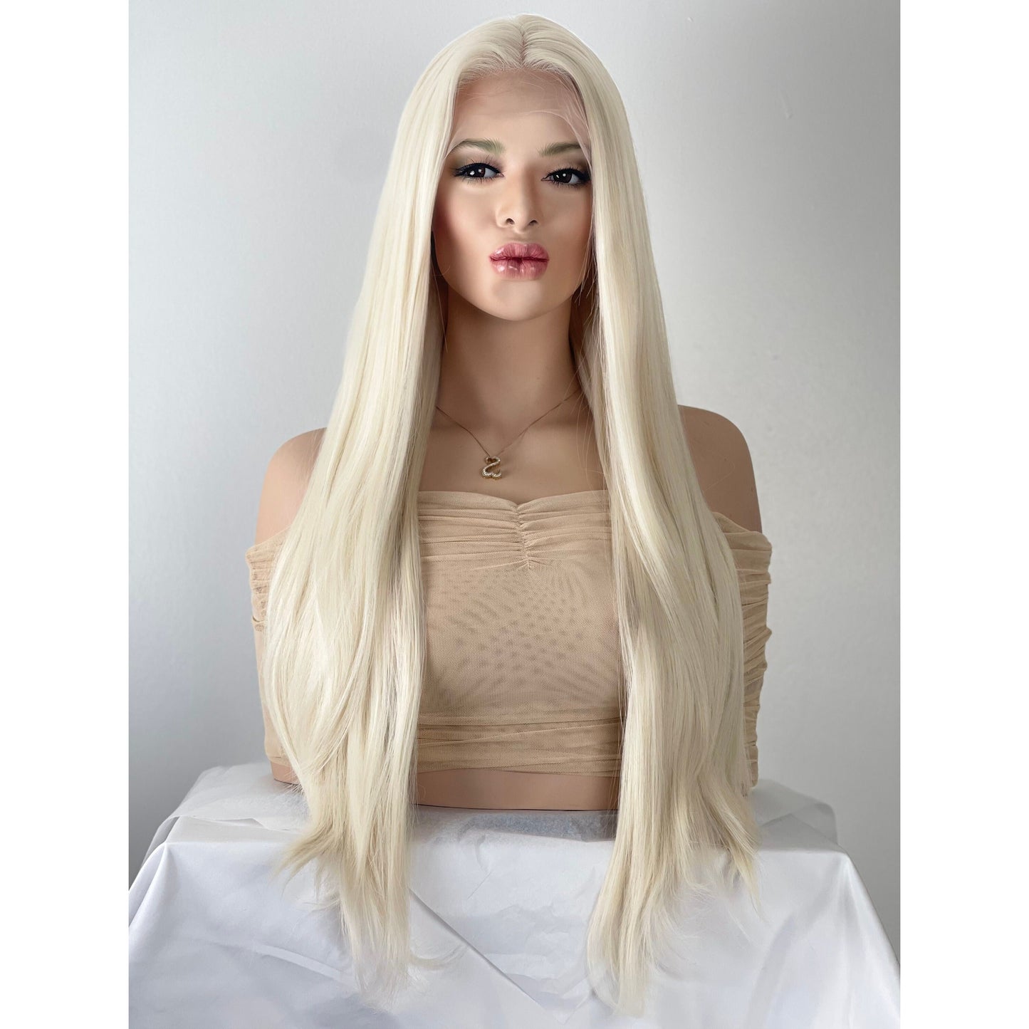 Long Platinum White Blonde Long Straight Wig, 13x3 Preplucked Free Part Wig, Swiss Lace Front, Heat Resistant Human Hair Blend Wig
