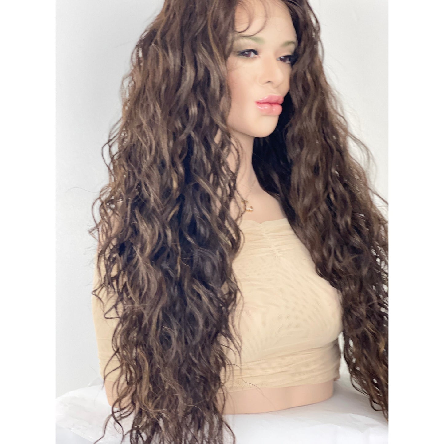 Brown Caramel Balayage Wavy 13x4 Preplucked Free Part Wig, Swiss Lace Front, Heat Resistant Human Hair Blend Wig