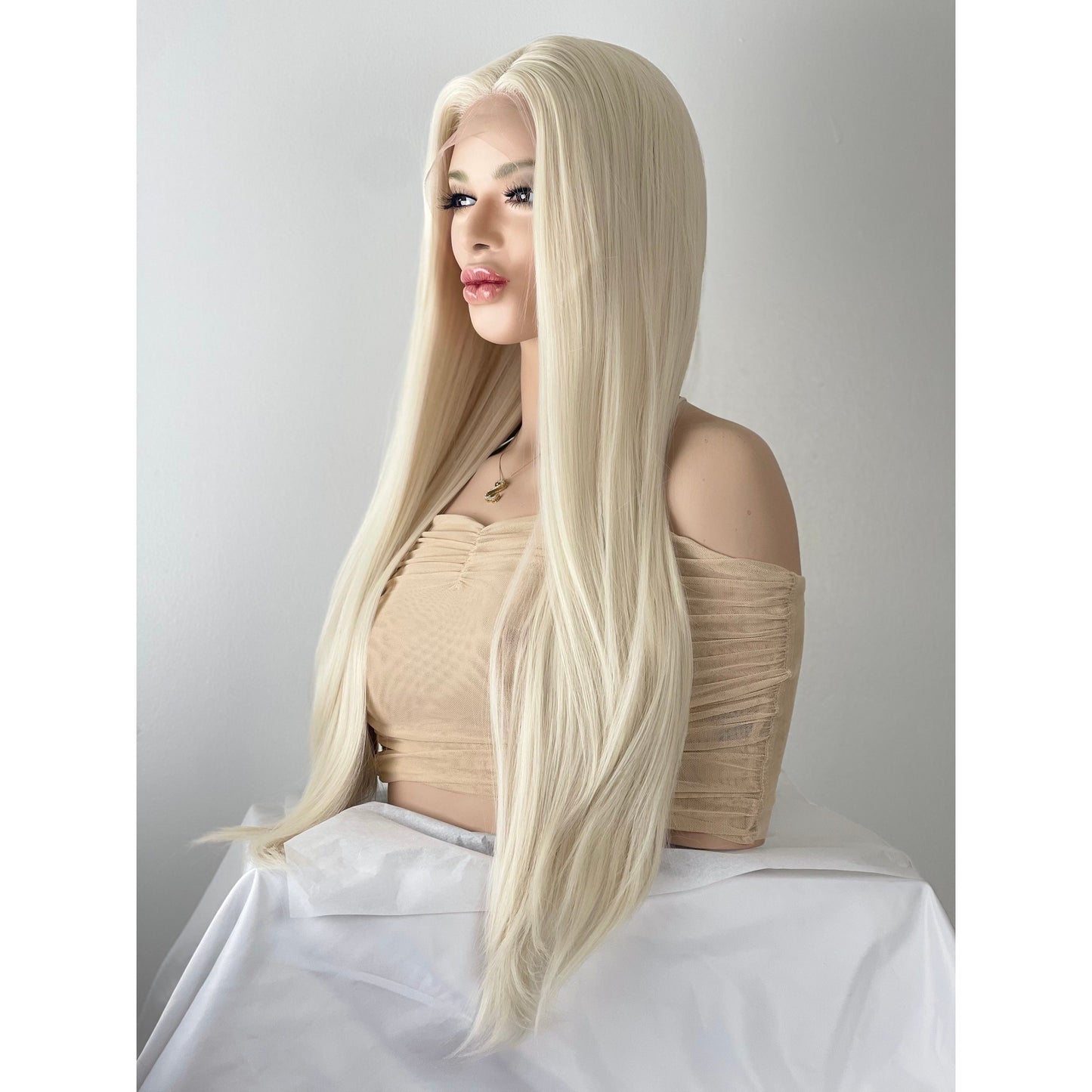 Long Platinum White Blonde Long Straight Wig, 13x3 Preplucked Free Part Wig, Swiss Lace Front, Heat Resistant Human Hair Blend Wig