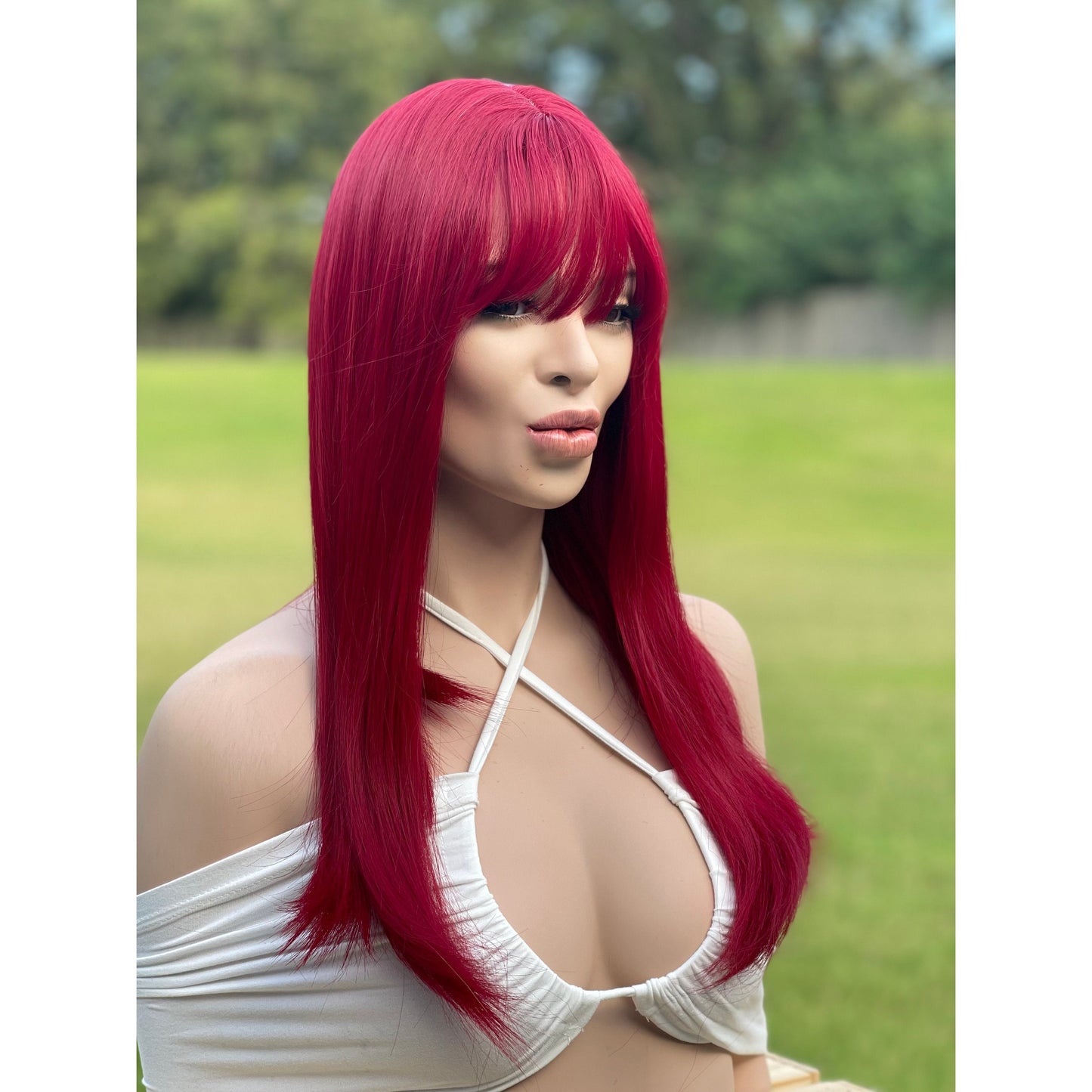 Red Long Straight Wig with Bangs, Luxury Heat Safe Human Hair Blend Wig