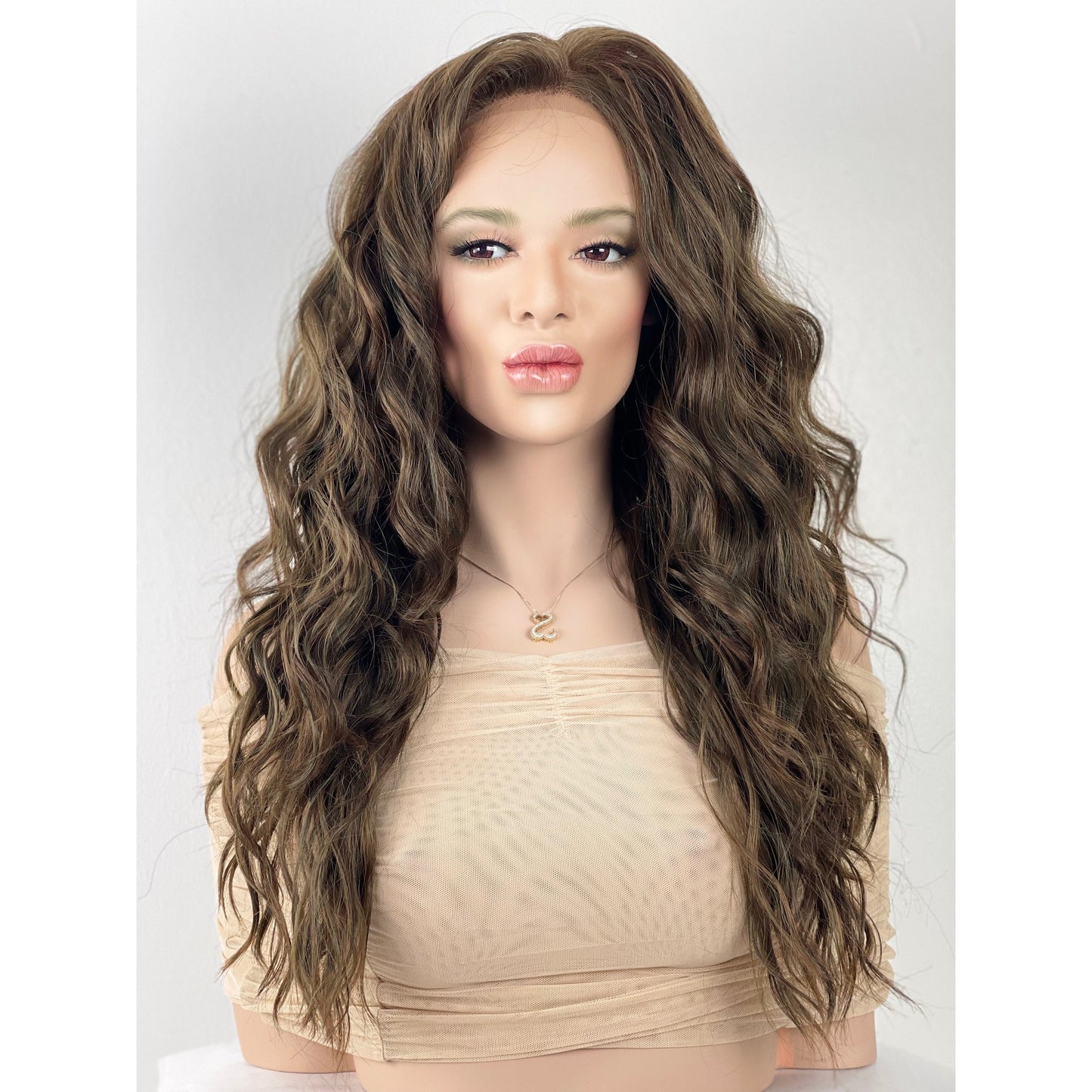 Brown Green PeekABoo Highlights 13x6 wide part lace front wig / Human Hair Blend Wig