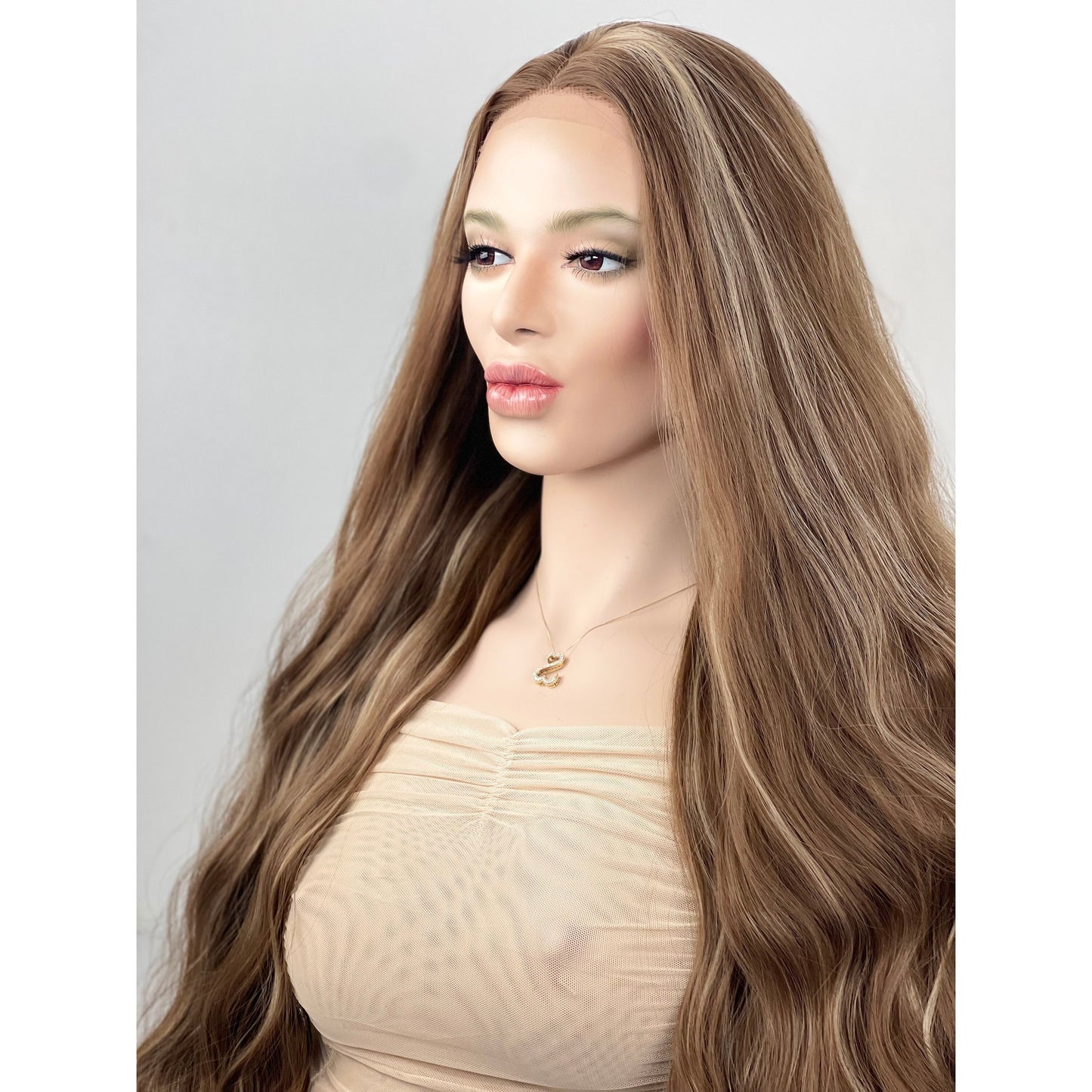 Medium Brown Blonde Highlights Wavy 13x3 Preplucked Free Part Wig, Swiss Lace Front, Heat Resistant Human Hair Blend Wig