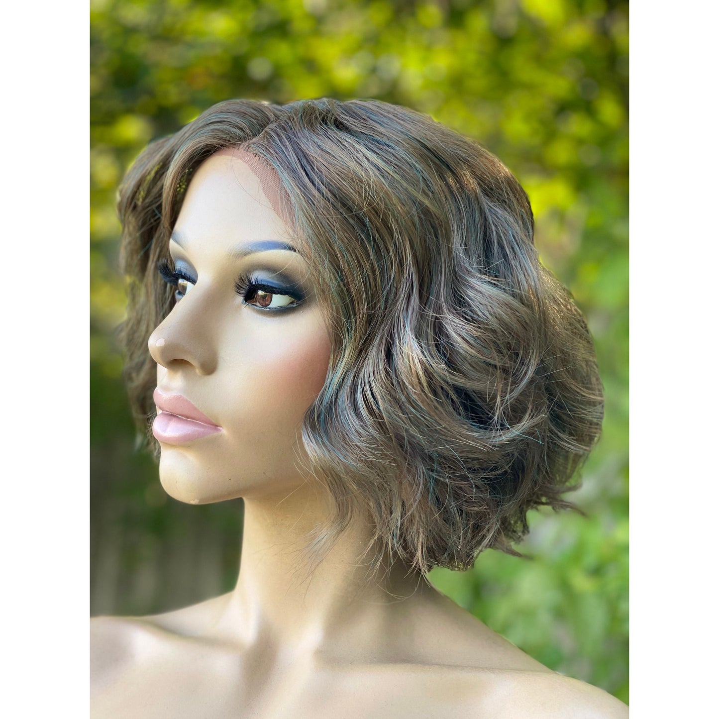 Sandy brown short curly bob lace front Human Hair Blend Wig