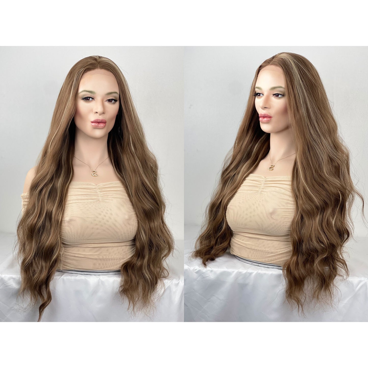 Medium Brown Blonde Highlights Wavy 13x3 Preplucked Free Part Wig, Swiss Lace Front, Heat Resistant Human Hair Blend Wig