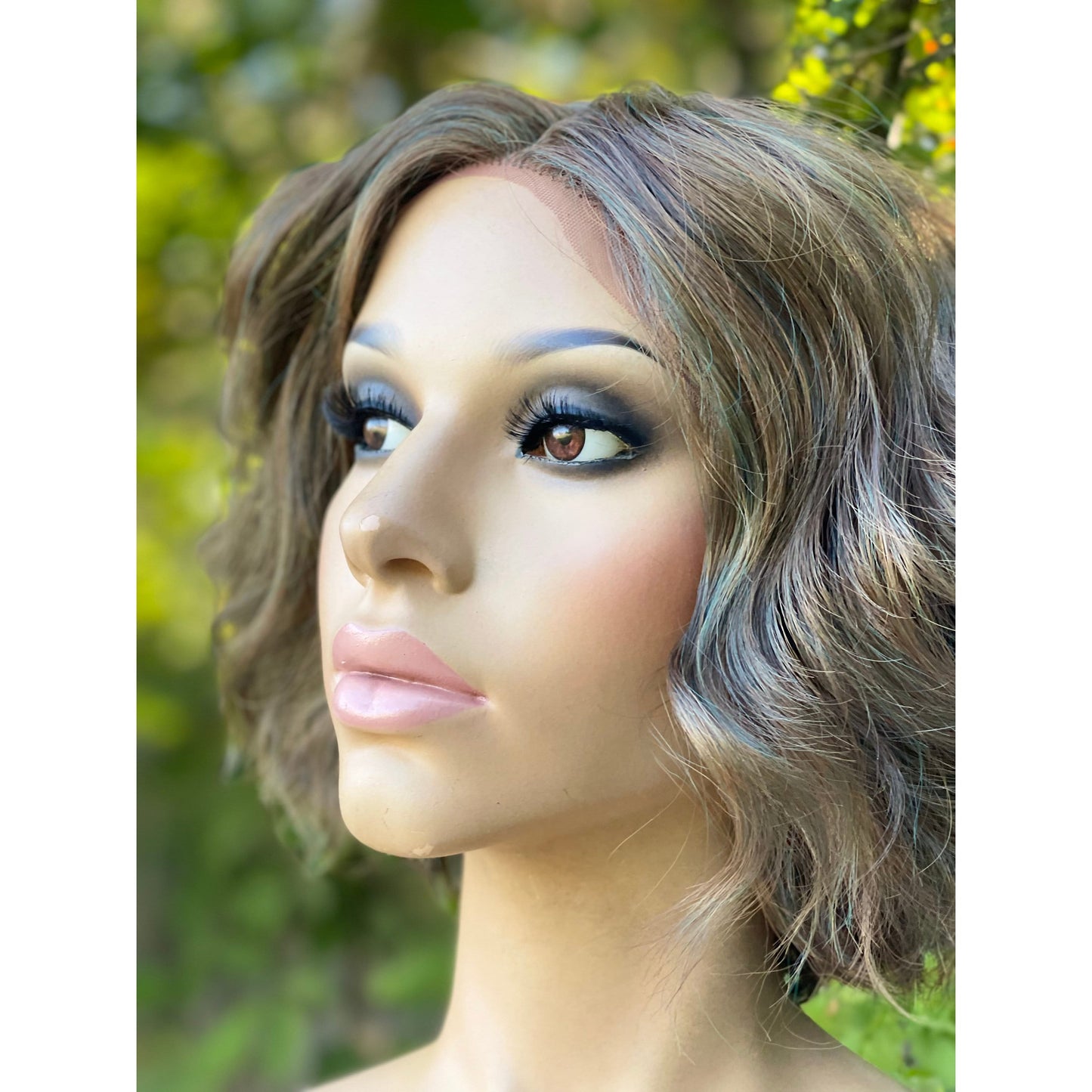 Sandy brown short curly bob lace front Human Hair Blend Wig