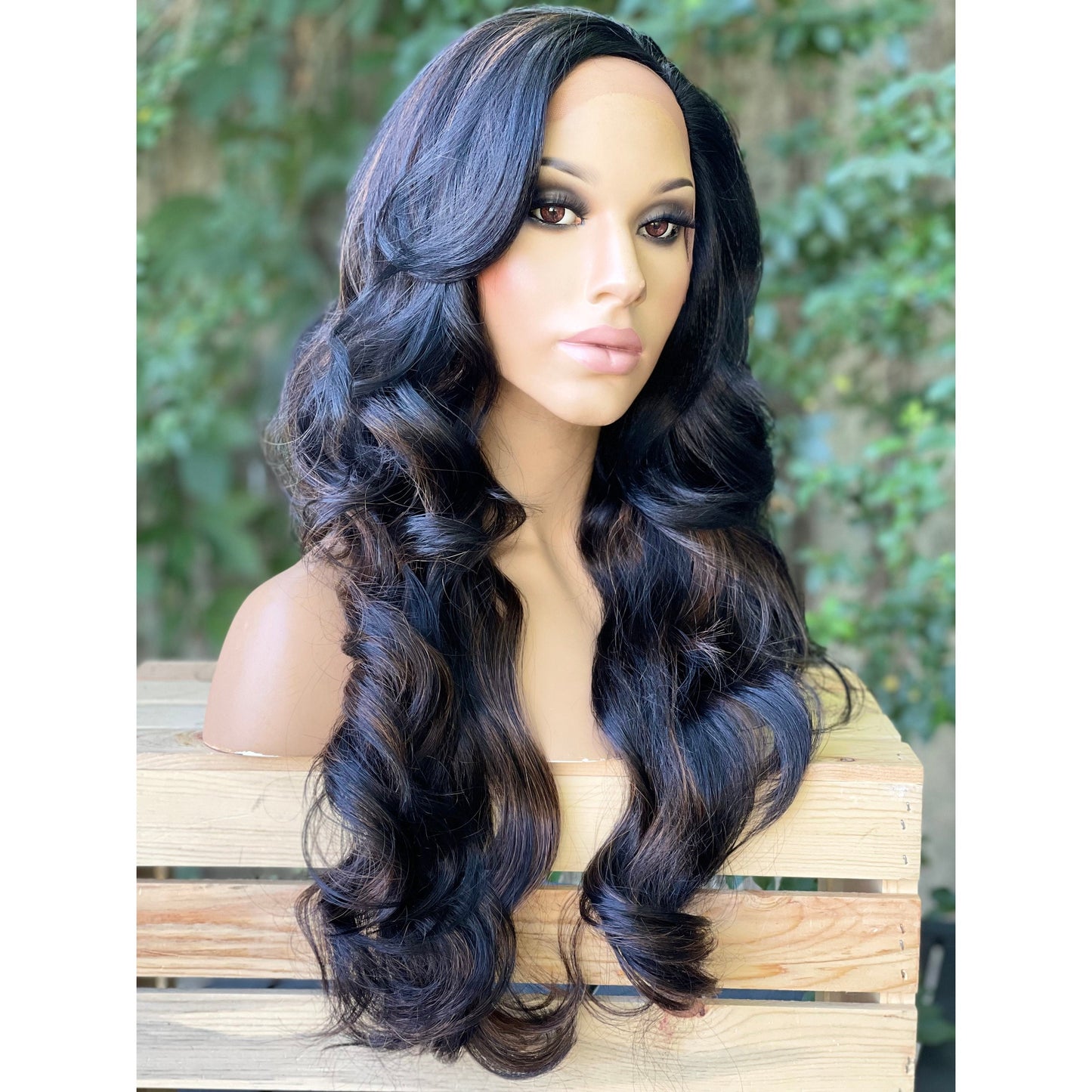 black wavy 20” side part lace front wig, off black auburn human hair blend wig