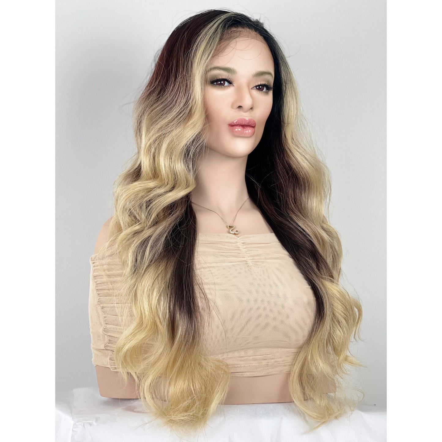 Blonde Brown Balayage Wavy Ombré Wig | Blonde Long Wig Human Hair Blend Lace Front Wig | 13x6” Free Parting Multi-Directional Layered Wig