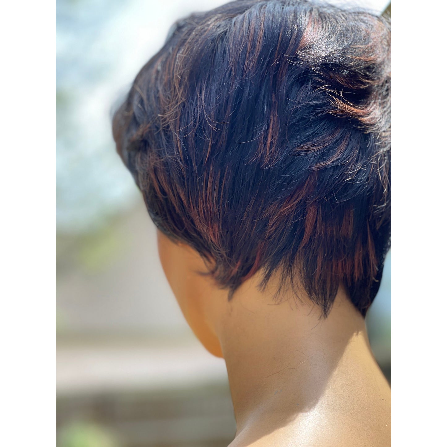 Short Pixie Wig, black auburn highlights wig, short pixie cut, haircut 1b off black wig with bangs Human Hair Blend Wig