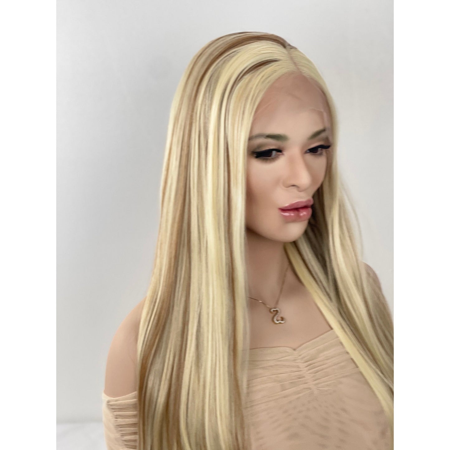 24” Blonde Light Brown Mixed Highlights Wig Human Hair Blend Lace Front Wig 13x2” Free Parting Long Straight Hair Multi-Directional Wig