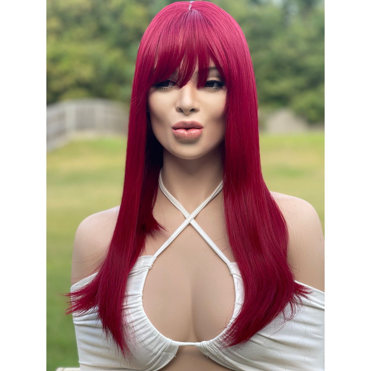 Red Long Straight Wig with Bangs, Luxury Heat Safe Human Hair Blend Wig