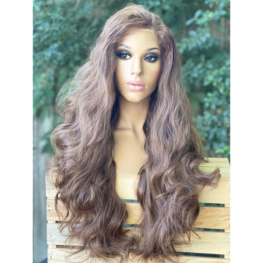 brown lace front wig HD Lace wavy hair 22” human hair blend wig