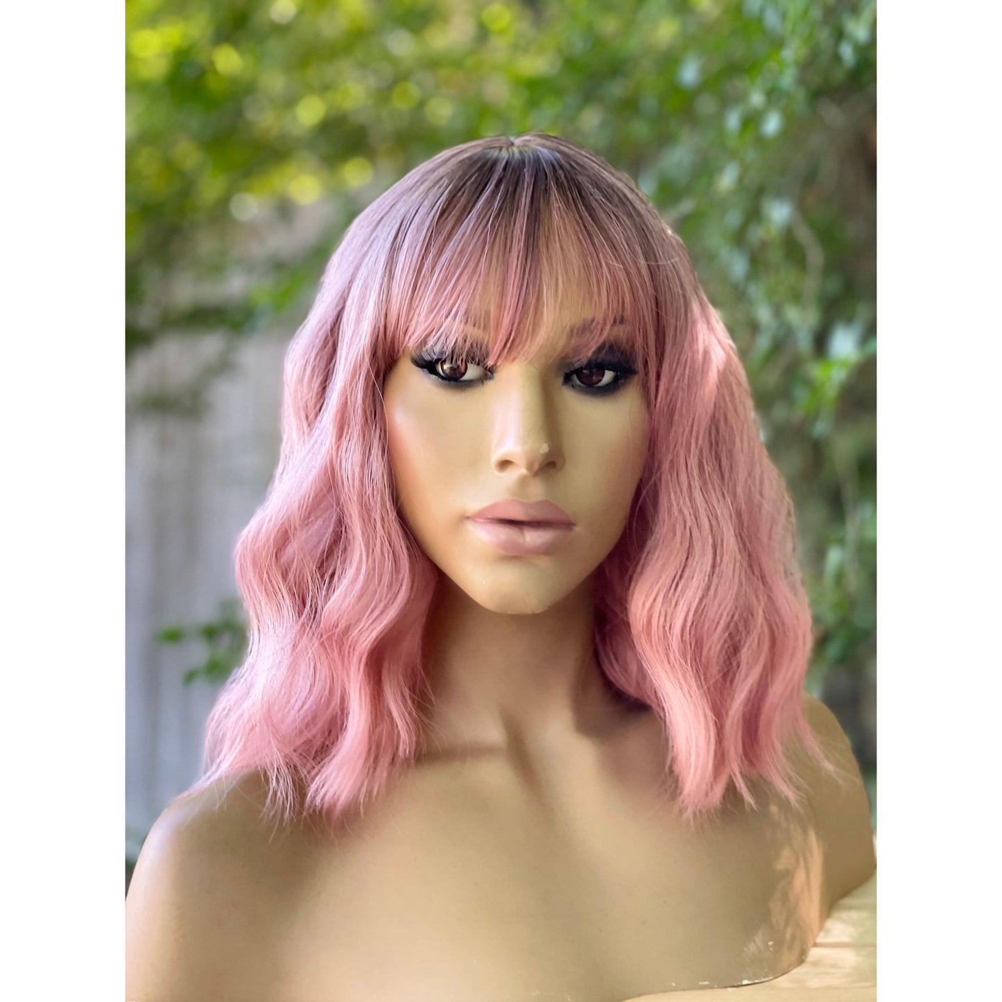Short pink wavy wig with ombré fringe choppy bangs Human Hair Blend Wig