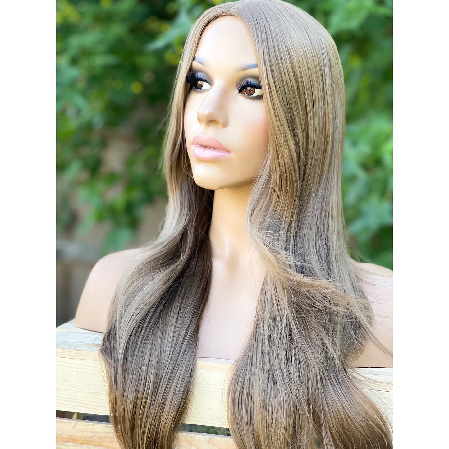 22” ash brown wig, wavy light brown human hair blend wig