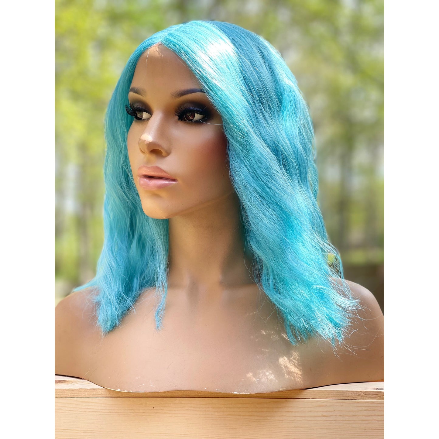 12” Blue short bob wavy human hair blend wig