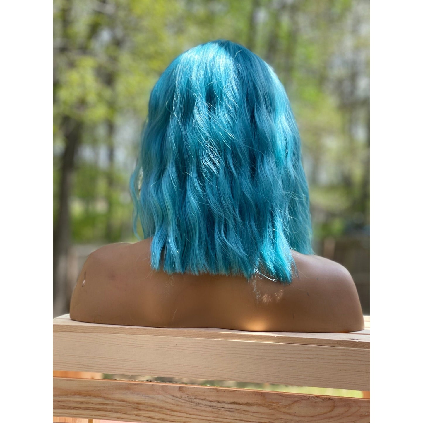 12” Blue short bob wavy human hair blend wig