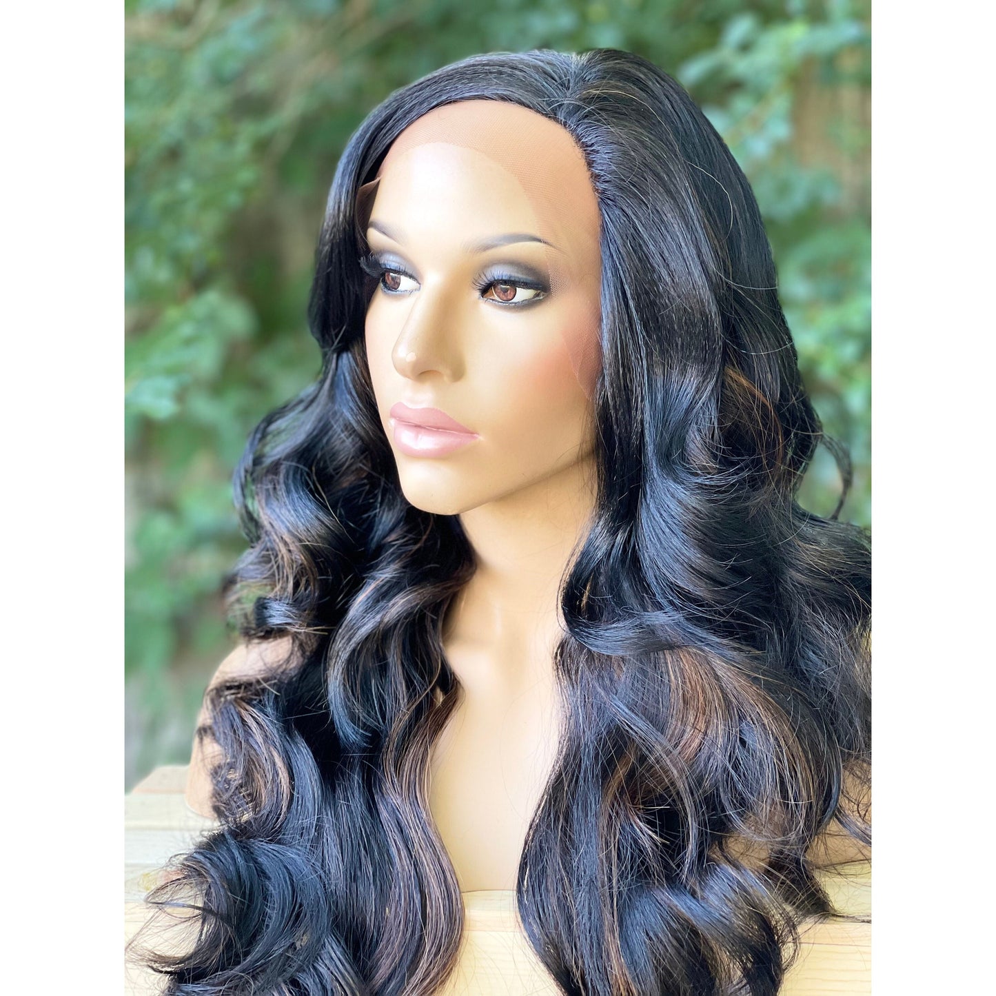 black wavy 20” side part lace front wig, off black auburn human hair blend wig