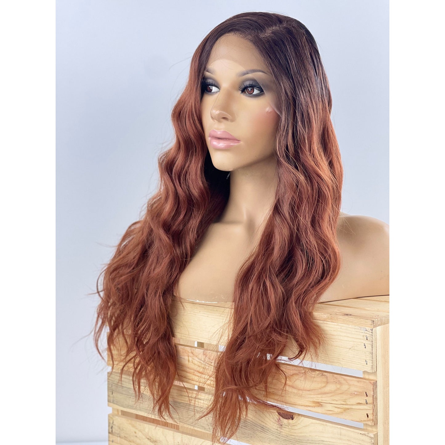 Dark Roots Auburn Copper Ombré Wavy 13x6 Preplucked Free Part Wig, Swiss Lace Front, Heat Resistant Human Hair Blend Wig